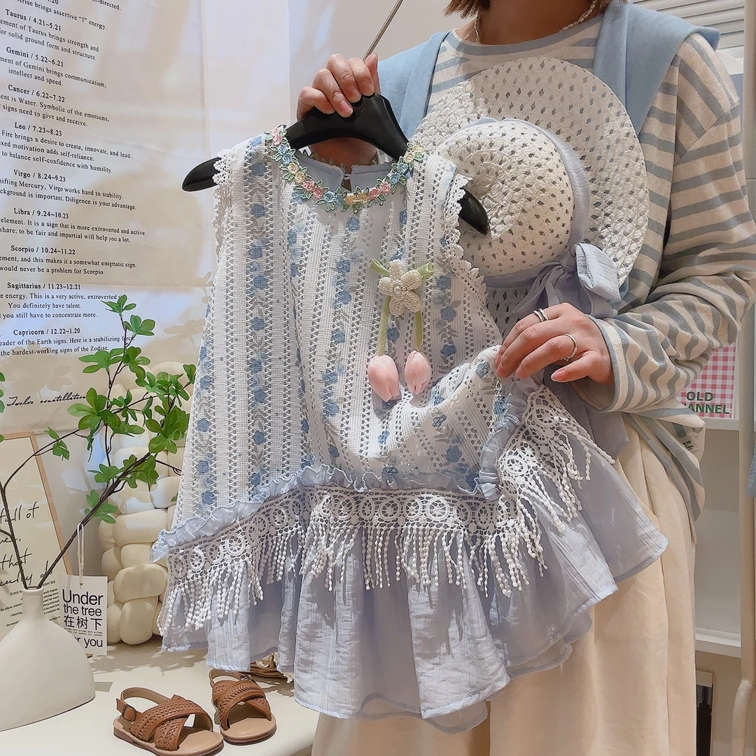 女童夏季卫衣A字裙气质碎花 甜美流苏下摆假两件公主裙送帽子