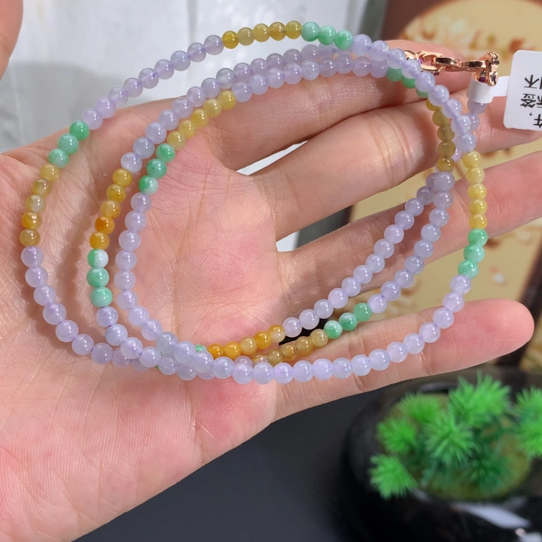 翡翠未镶嵌手串卡3.8胶润紫绿黄小米项链