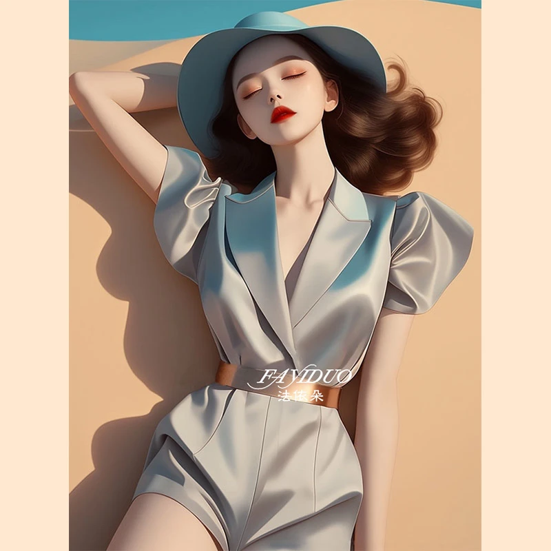 2025夏季女装高端欧货缎面连体短裤小个子一件式休闲衣服女慵懒风