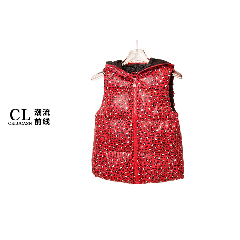 春23191486#豹纹厚马甲女冬季新款休闲印花简约保暖连帽背心上秋