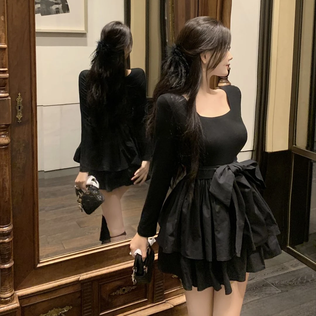 显瘦绑带蝴蝶结黑色蓬蓬连衣裙女秋季新款小个子穿搭长袖蛋糕短裙