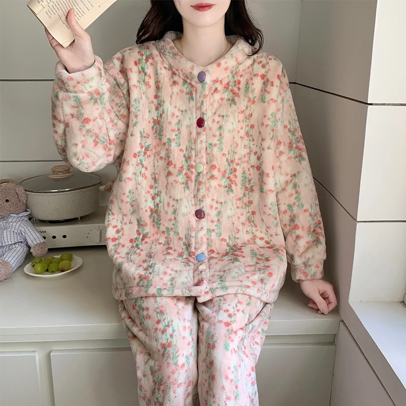 珊瑚绒睡衣女秋冬季长袖加厚开衫款休闲法兰绒冬天保暖家居服套装