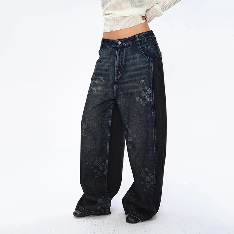 【Square circle方圆】noundnound印花刷蜡拼色牛仔裤女25春夏新款