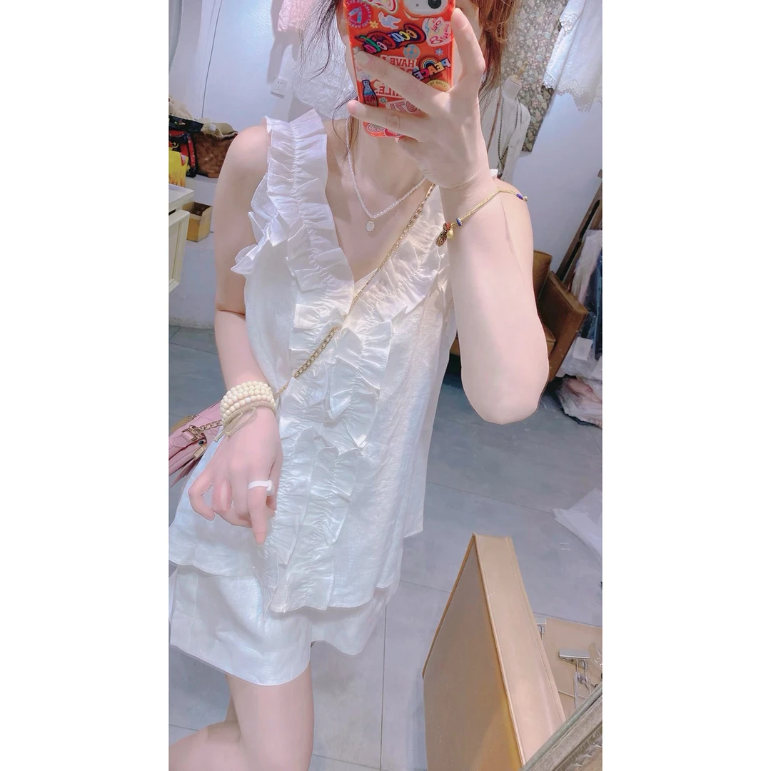 欧货2025春秋新款纯色拼接V领木耳边砍袖T恤女宽松洋气休闲上衣潮