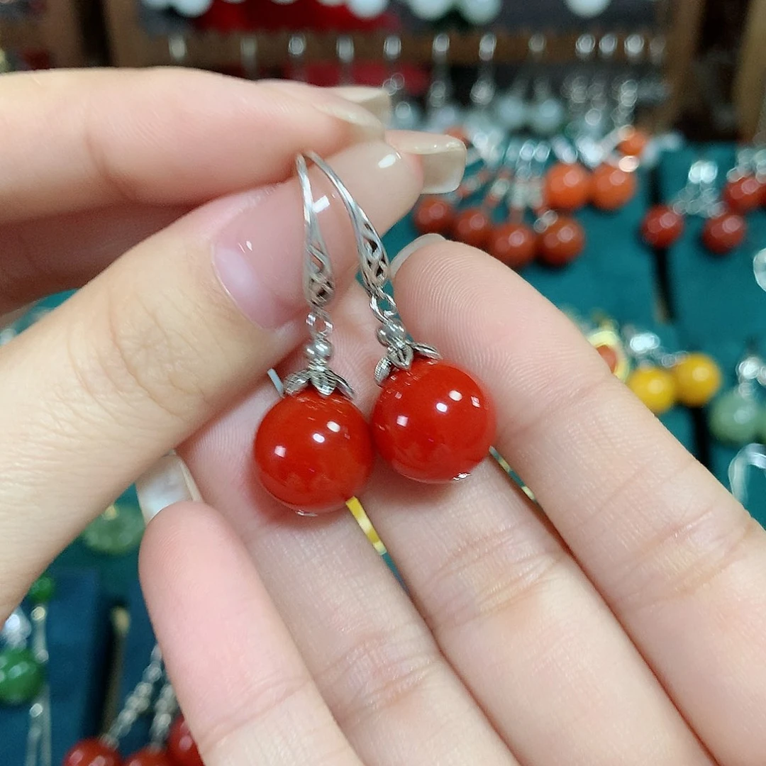 玛瑙/玉髓耳饰银S925镶嵌天然红玛瑙12mm左右（锦红）