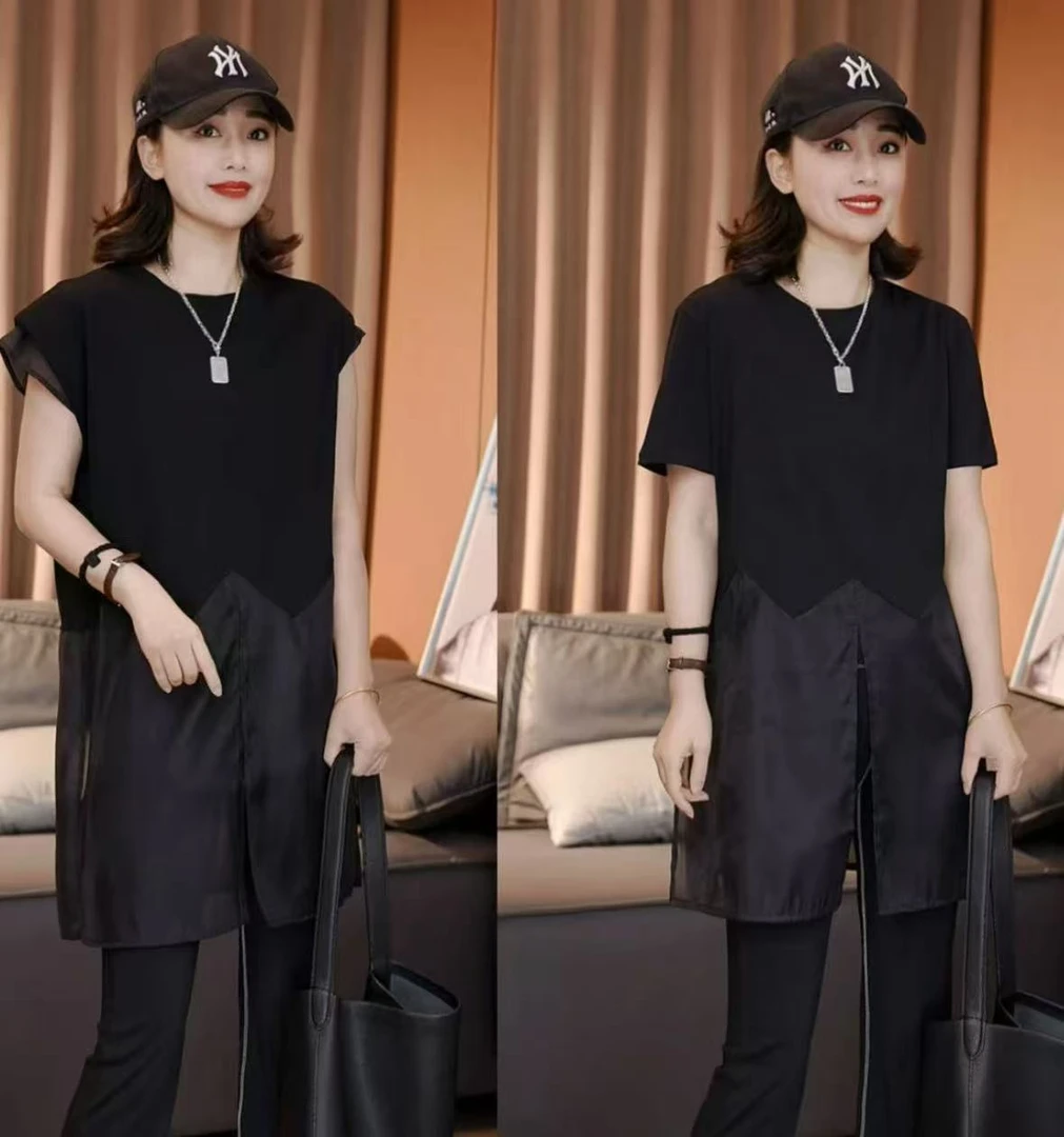 时尚潮流圆领T恤拼接欧根纱显瘦洋气宽松打底百搭休闲上衣减龄