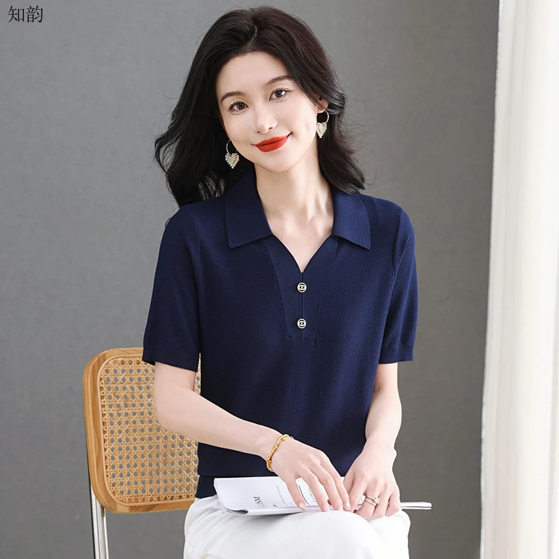 仿天丝莱赛尔针织短袖恤女新款夏季薄款翻领减龄妈妈舒适上衣时尚