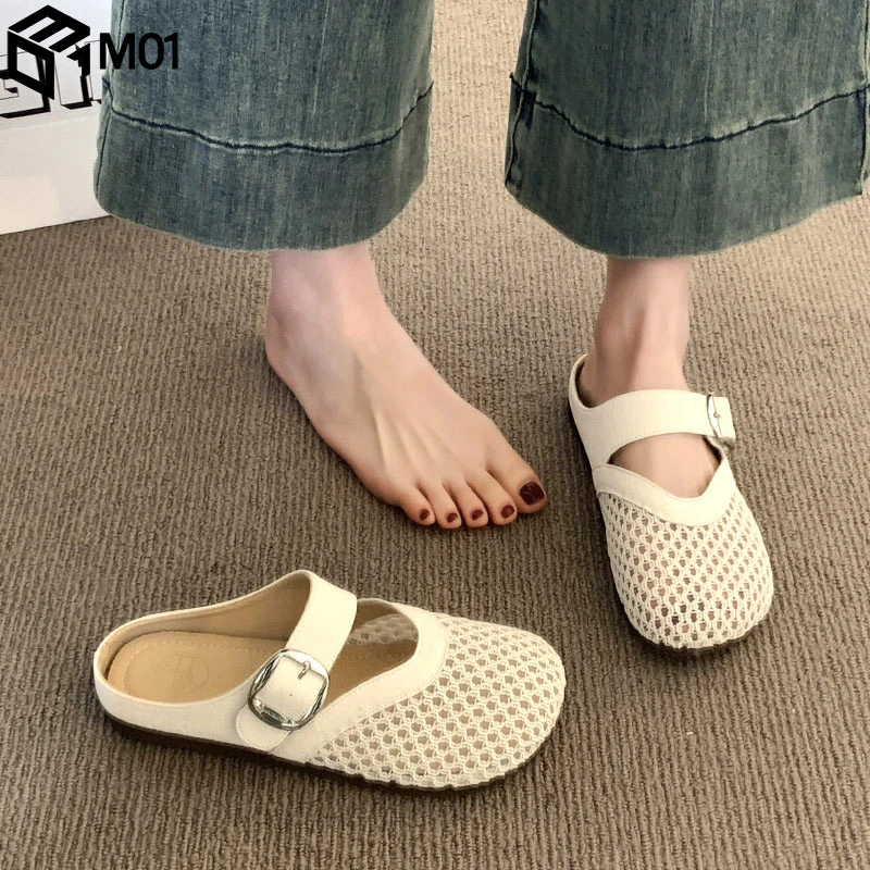 M01包头半拖鞋女夏外穿2025新款超火一脚蹬半托单鞋软底编织凉拖