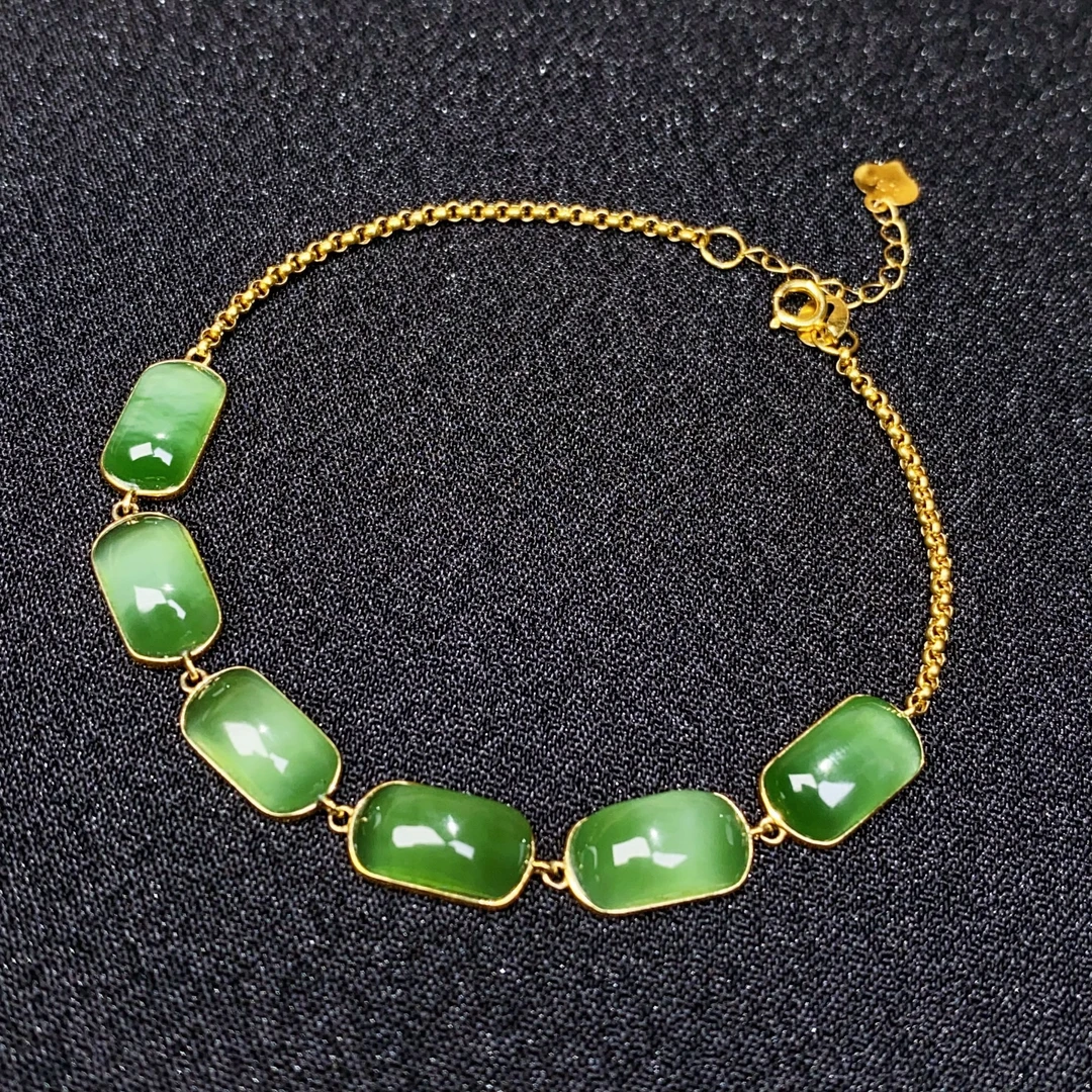 天然和田玉俄料碧玉猫眼精品18K金镶嵌手链时尚气质手饰女@0584