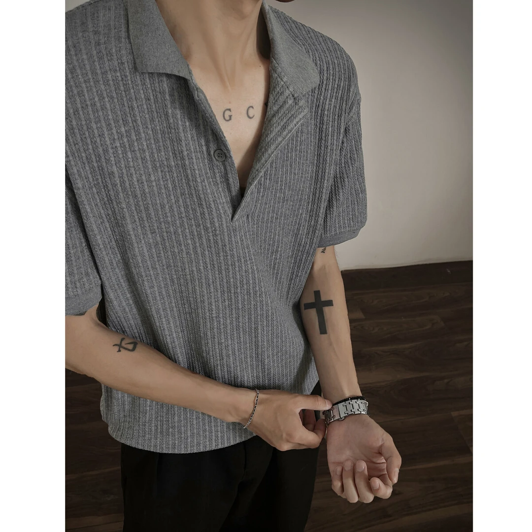 老钱风条纹针织polo衫短袖男款夏季韩系穿搭正肩T恤美式翻领半袖