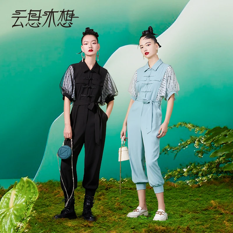 云思木想摩登中国风夏季新款盘扣网纱短袖时尚女士连衣裤19552