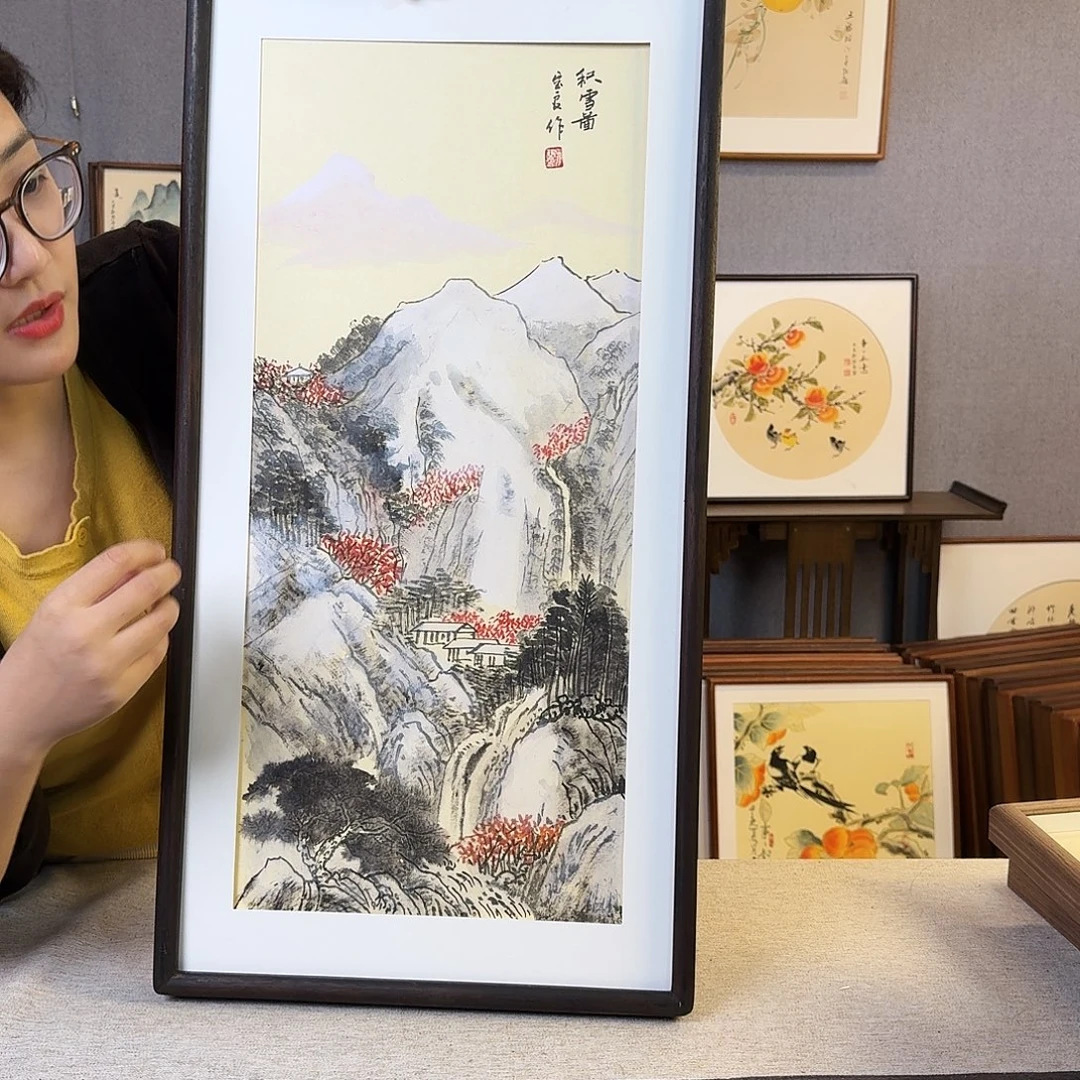 国画纯手绘，纯手写带框尺寸：36×69厘米