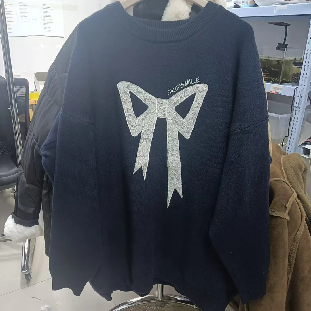 圆领蕾丝蝴蝶结提花温柔慵懒风毛衣K2477