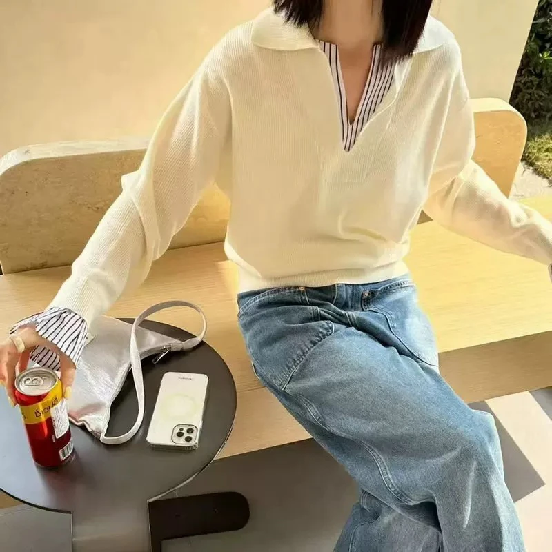 条纹纯色无袖POLO领拼接毛针织衫时尚打底衫气质套头翻领宽松