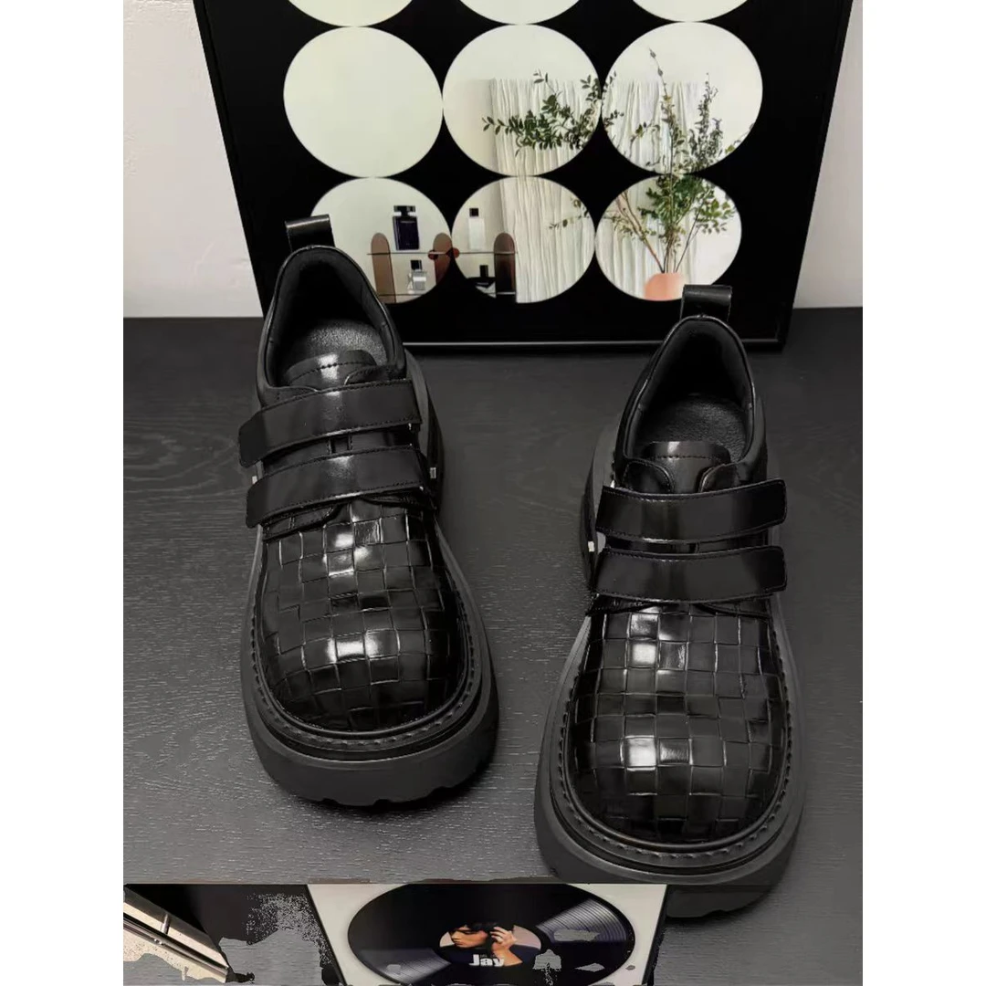 甜酷增高德比鞋女2025春季新款魔术贴厚底粗跟小皮鞋英伦风大头鞋