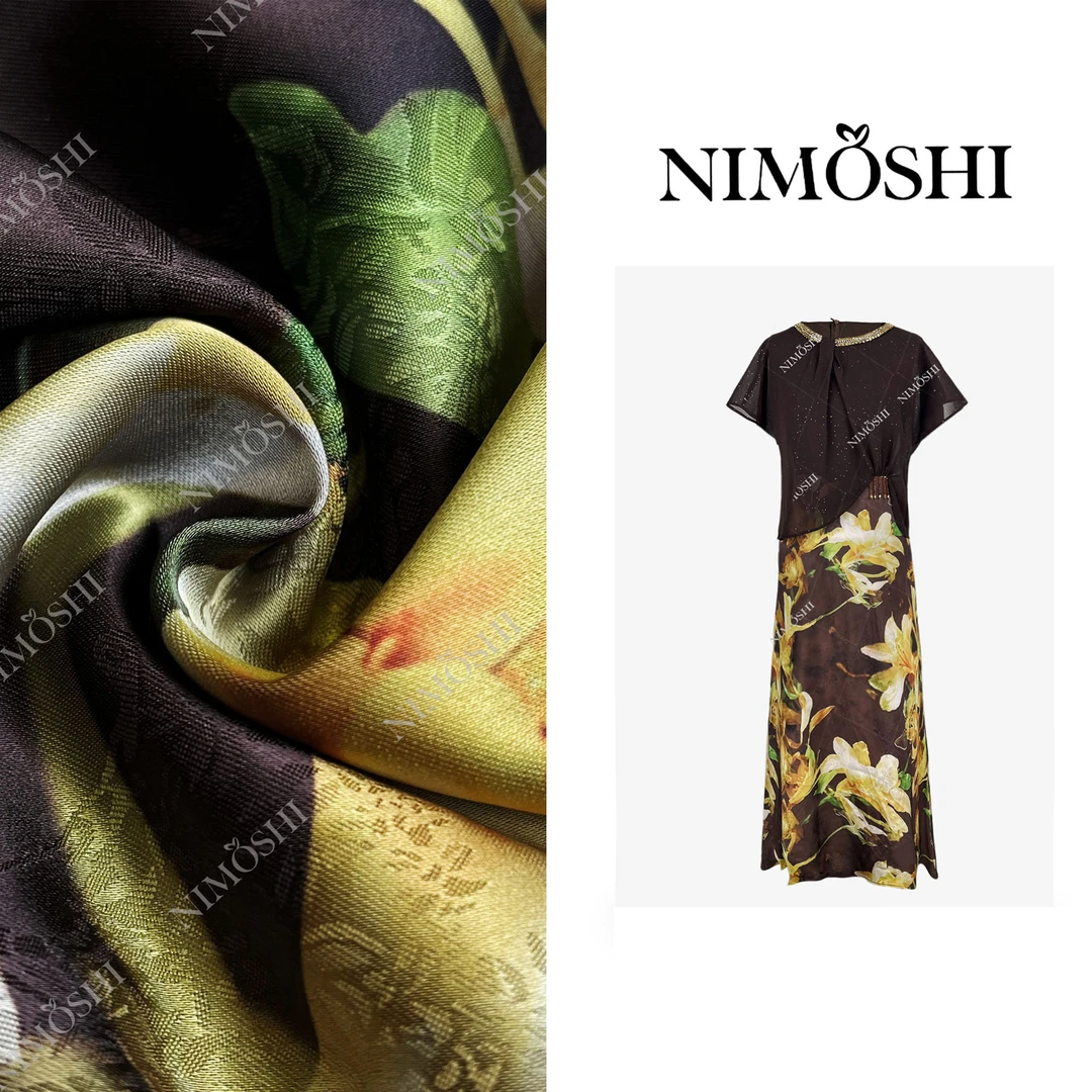 【莎总专属】夏季新款咖色网纱蕾丝繁星点点设计气质连衣裙Q2147