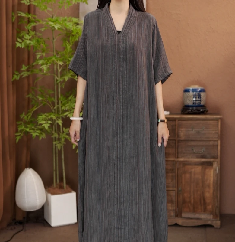 【原制原味】夏季新款88171复古汉麻风琴褶时尚宽松大码袍子休闲