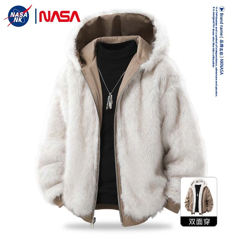 NASA联名连帽毛领双面穿棉服男士冬季加绒宽松保暖百搭棉衣外套潮