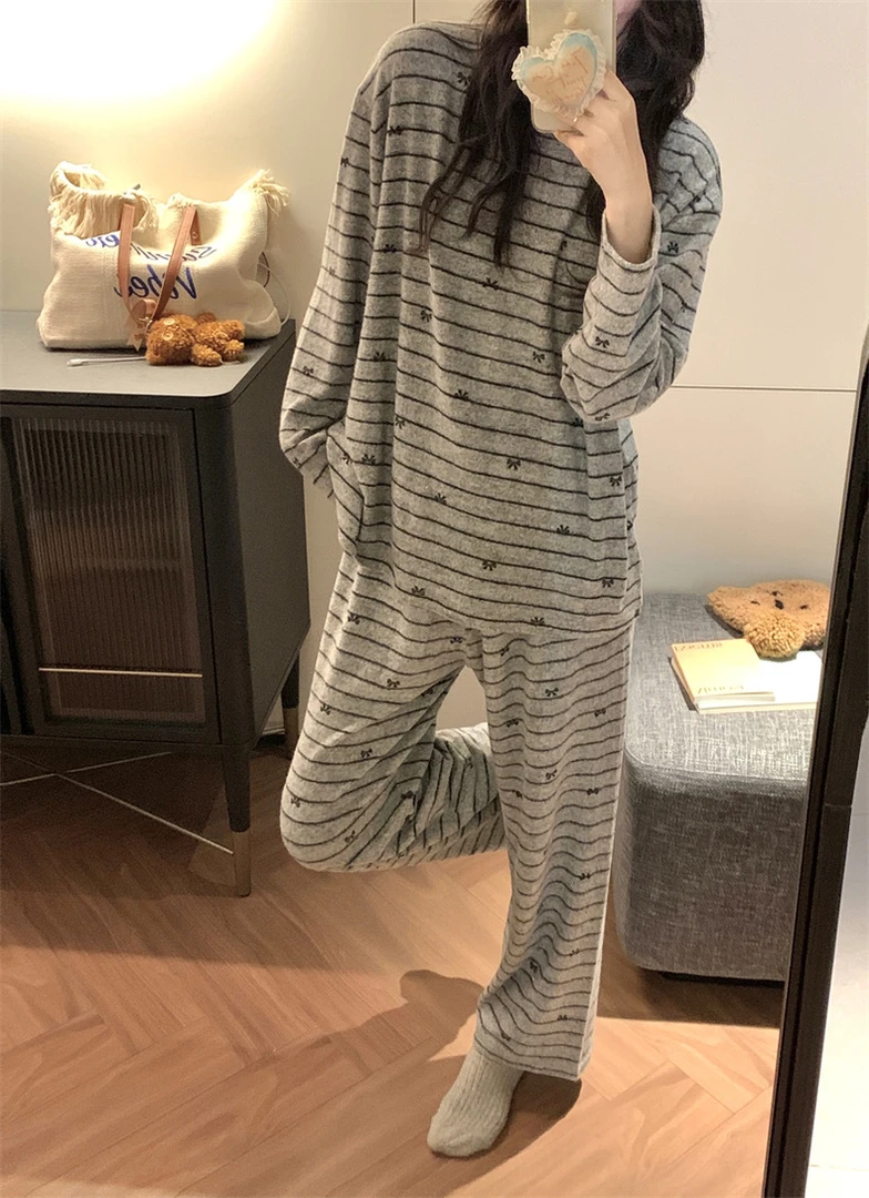现货-睡衣女春秋新款薄款高级条纹蝴蝶结宽松外穿家居服遛弯裤