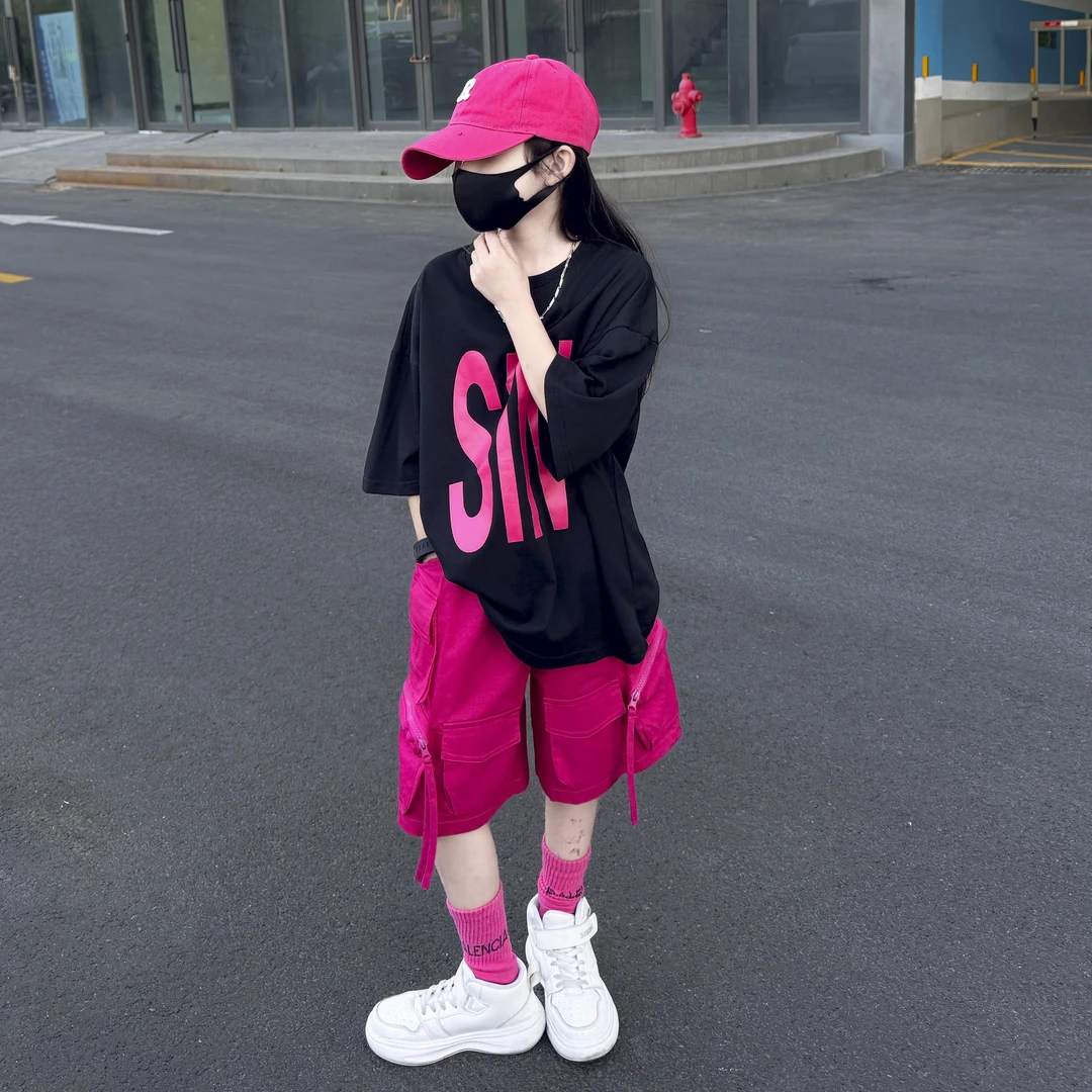 女童2025夏季新款洋气时尚中大童休闲运动T恤短袖工装裤两件套