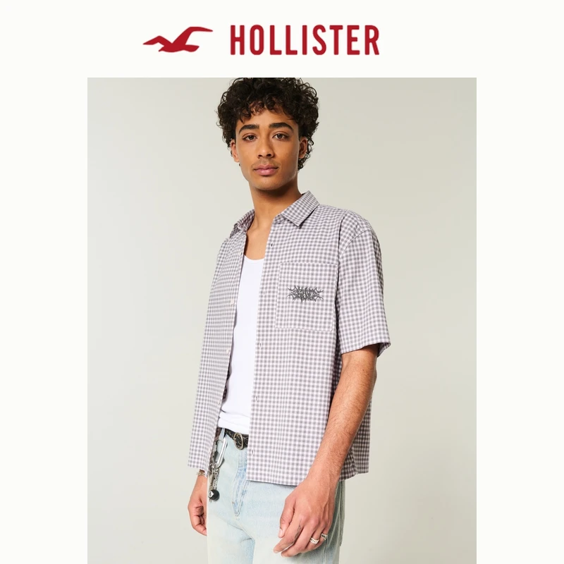 Hollister25夏美式复古情侣府绸格子衬衫男装女装325-5154