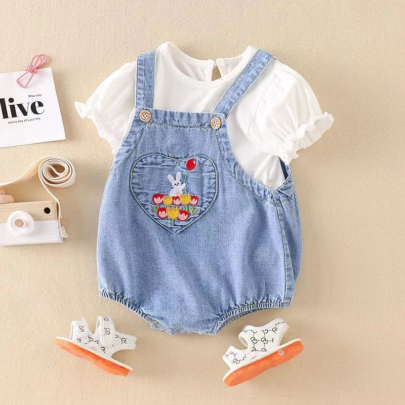 0120【爆款冲量】夏季可爱宝宝韩版短袖洋气牛仔包屁舒适纯棉套装