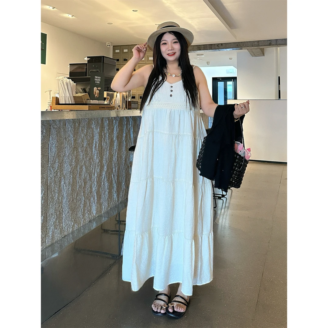 断码捡漏~鲸屿蓝调/ 法式度假风V领吊带连衣裙14522花契大码200斤