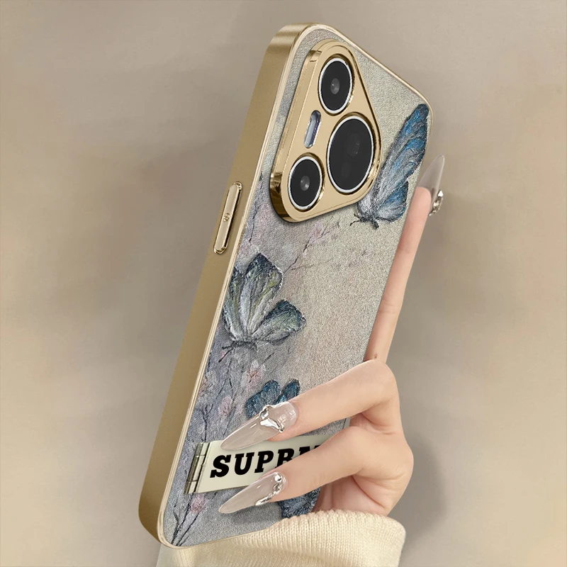 梅花蝴蝶适用华为Pura80Pro+手机壳电镀皮纹实用配件带支架高级感