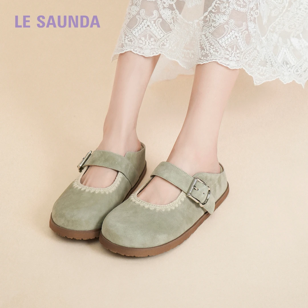 莱尔斯丹绵绵吐司2025春夏新款圆头真皮厚底复古勃肯拖鞋6M11401