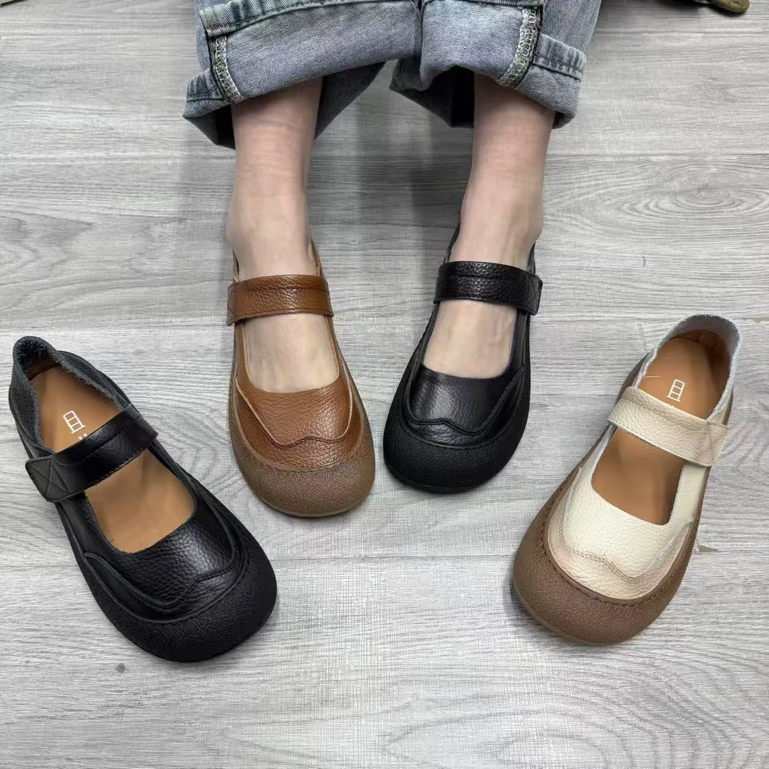 2025春季新款真皮复古单鞋女圆头休闲鞋魔术贴软底舒适百搭妈妈鞋