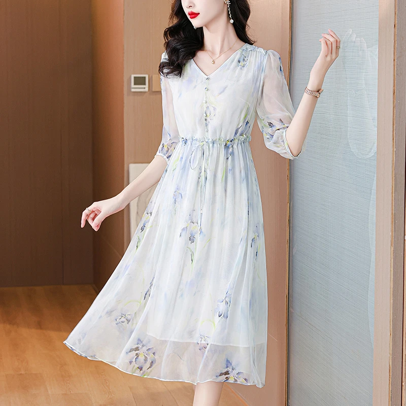 涟画清货不补差价（国色天香）夏蚕丝V领2025年扎染显瘦气质连衣裙