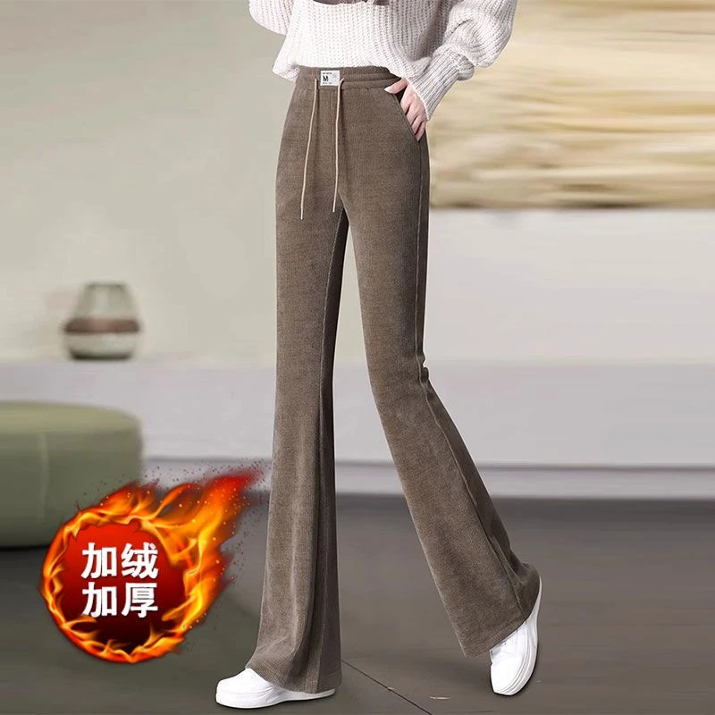 灯芯绒微喇裤子女秋冬2024新款松紧高腰显瘦休闲裤加绒加厚喇叭裤