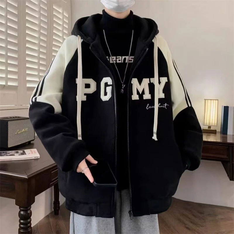 慵懒风羊羔绒双层外套男秋冬季休闲宽松大码百搭潮流ins连帽夹克