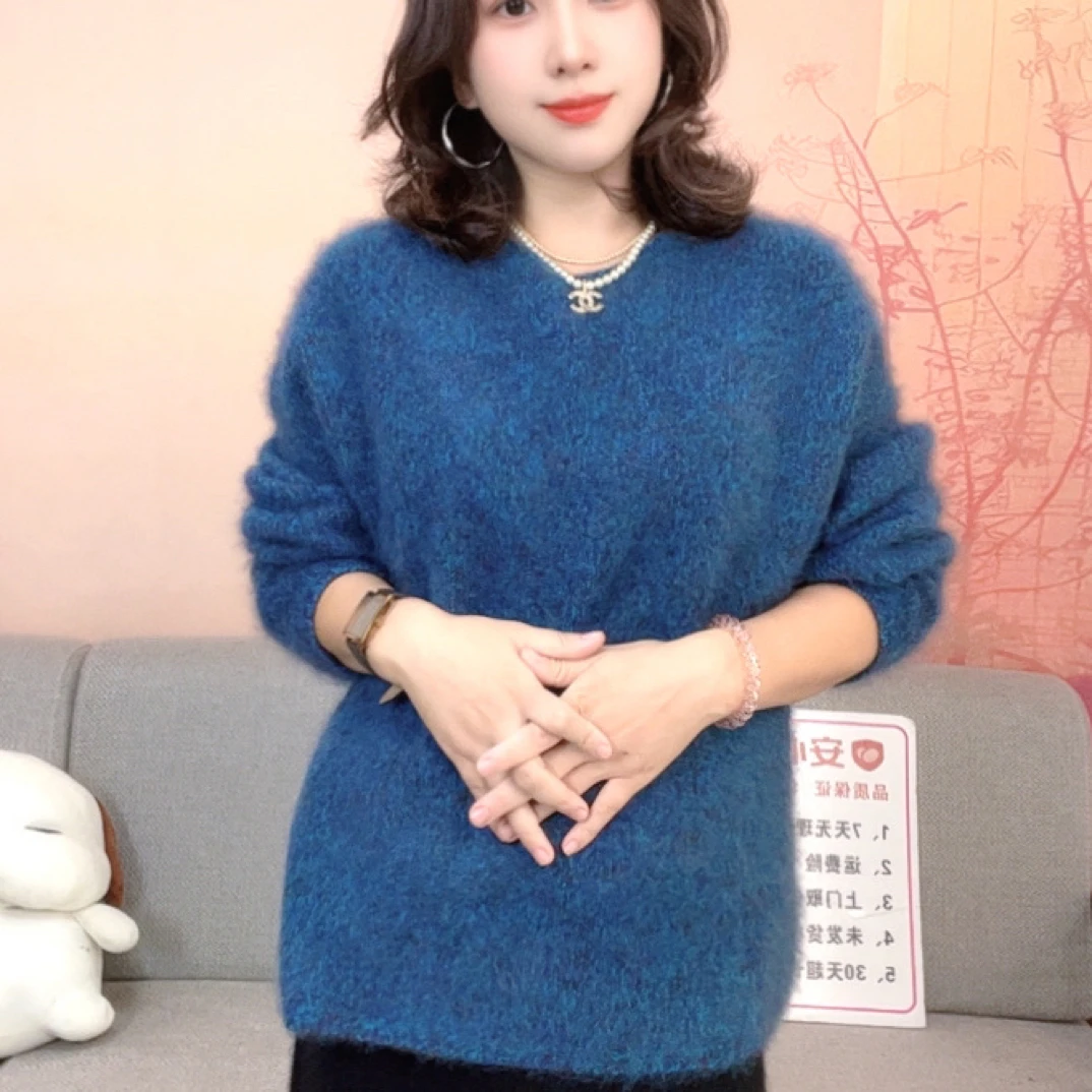 2025羊毛羊绒韩系慵懒风女圆领秋冬毛衣休闲百搭宽松时尚