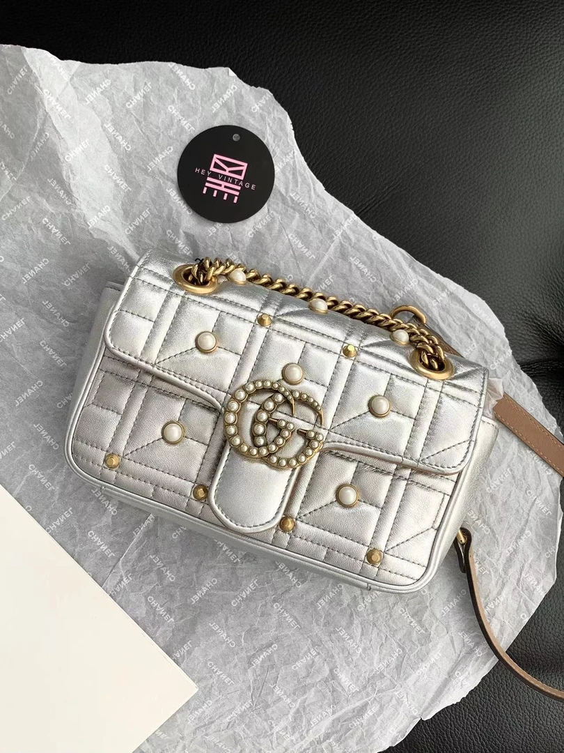 95新 GUCCI/古驰 银色珍珠马蒙包小号 22cm 13223729