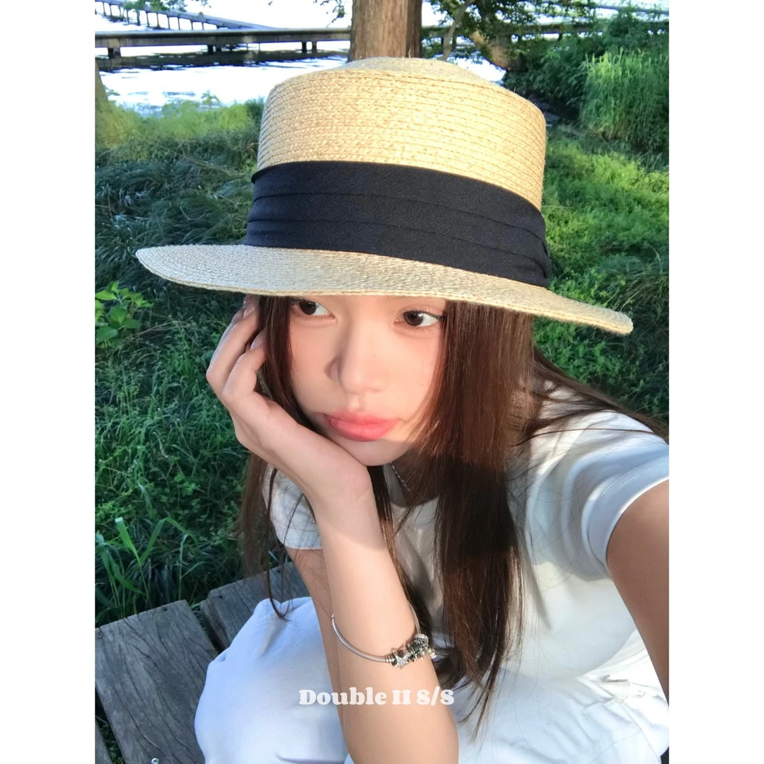 double i i 赫本风黑色绸带拉菲草帽女夏出游防晒遮阳帽礼帽