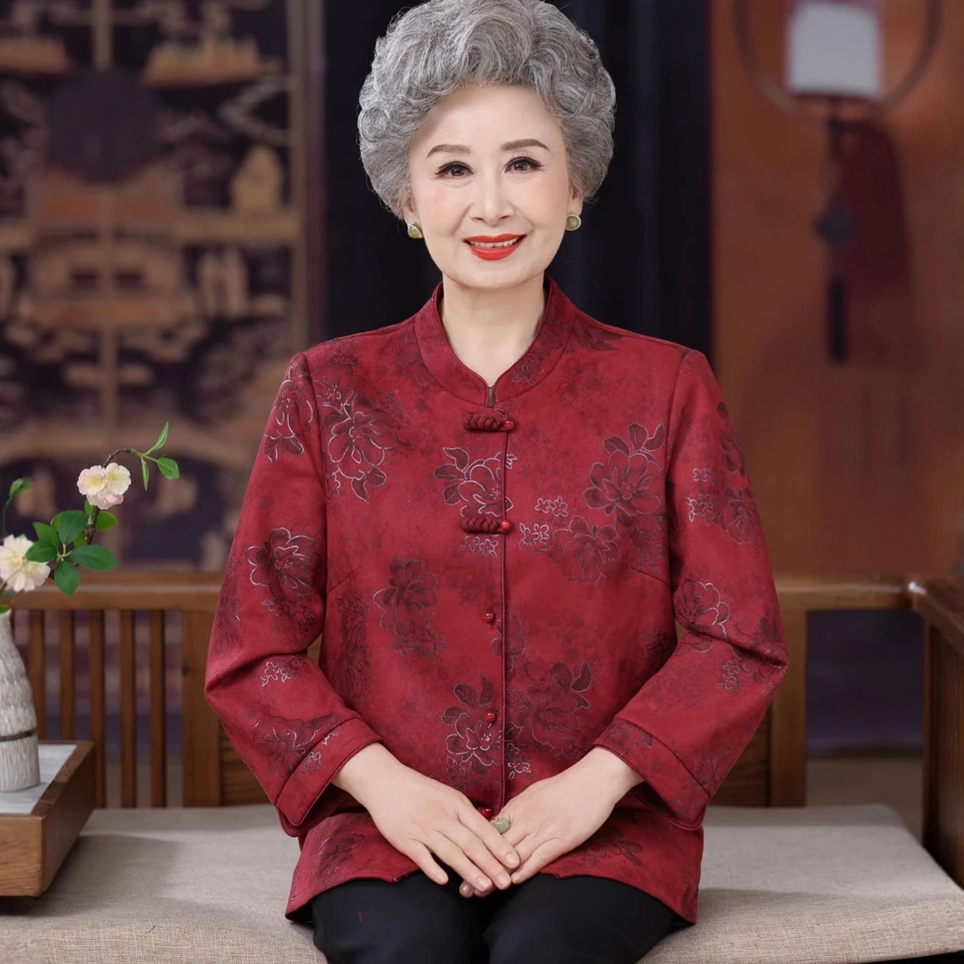 婚礼妈妈秋装衬衫长袖宽松大码中老年人衬衣女奶奶装春秋季薄外套