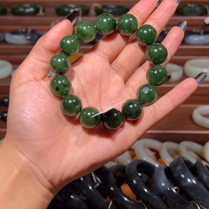 和田玉（碧玉）未镶嵌手链碧籽菠菜绿
