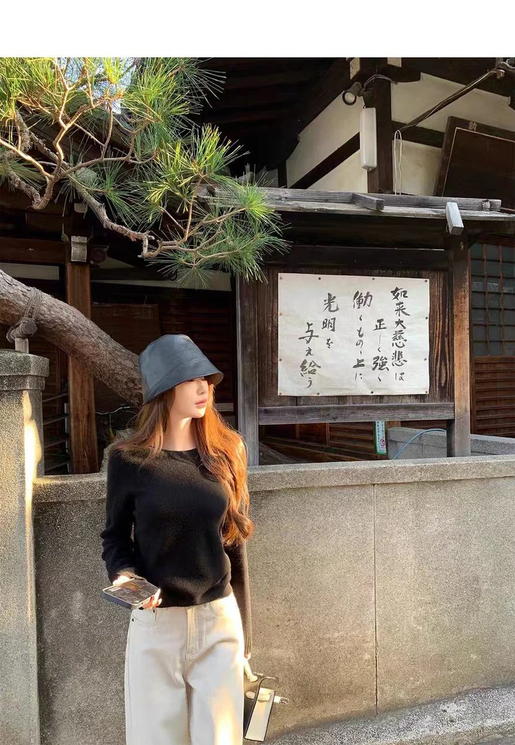 休闲气质时尚圆领上衣黑色长袖女百搭修身显瘦直筒裤子两件套装