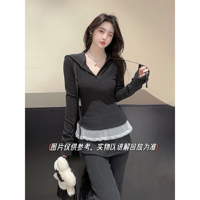 月蒙家-2025早春新款微胖大码纸片人两件套连帽上衣喇叭裤套装