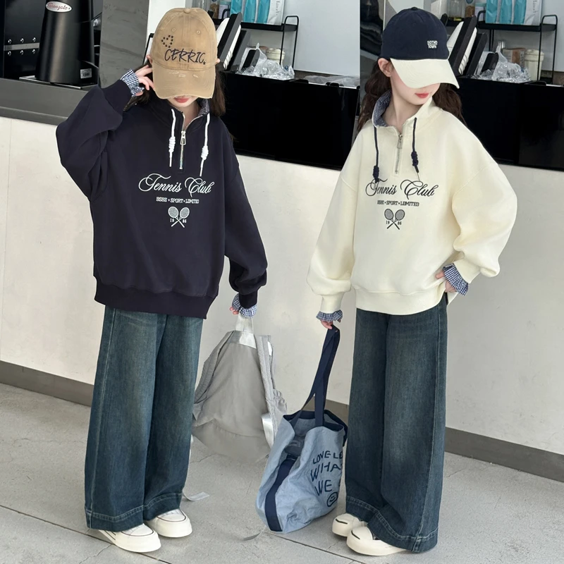 女童套装春秋款2025新款时髦秋装女孩时尚刺绣卫衣牛仔裤两件套