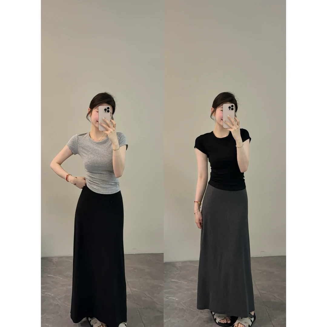 【颂宋】新款深灰色显瘦百搭长款遮腿粗A字裙半身裙长裙DT1133