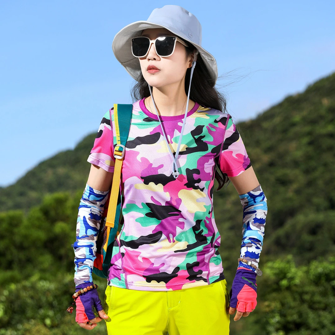 户外冰丝迷彩速干T恤女短袖弹力透气运动跑步徒步快干衣女半袖夏
