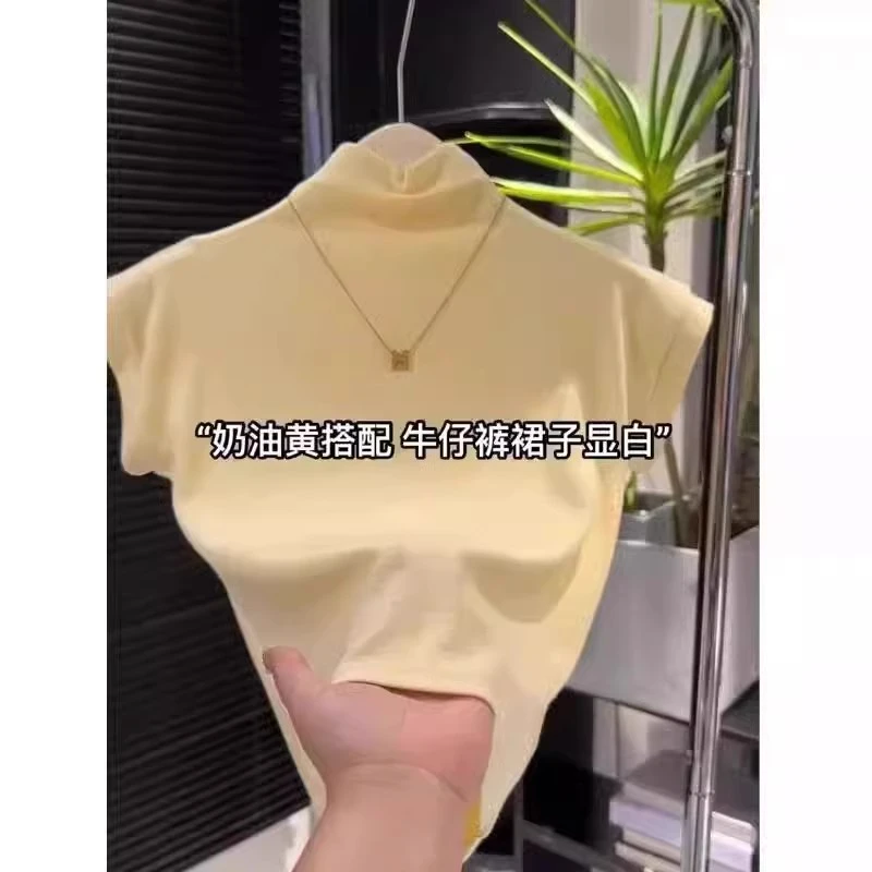 纯色小立领短袖t恤女2025新款春秋季洋气内搭打底飞飞袖短款上衣