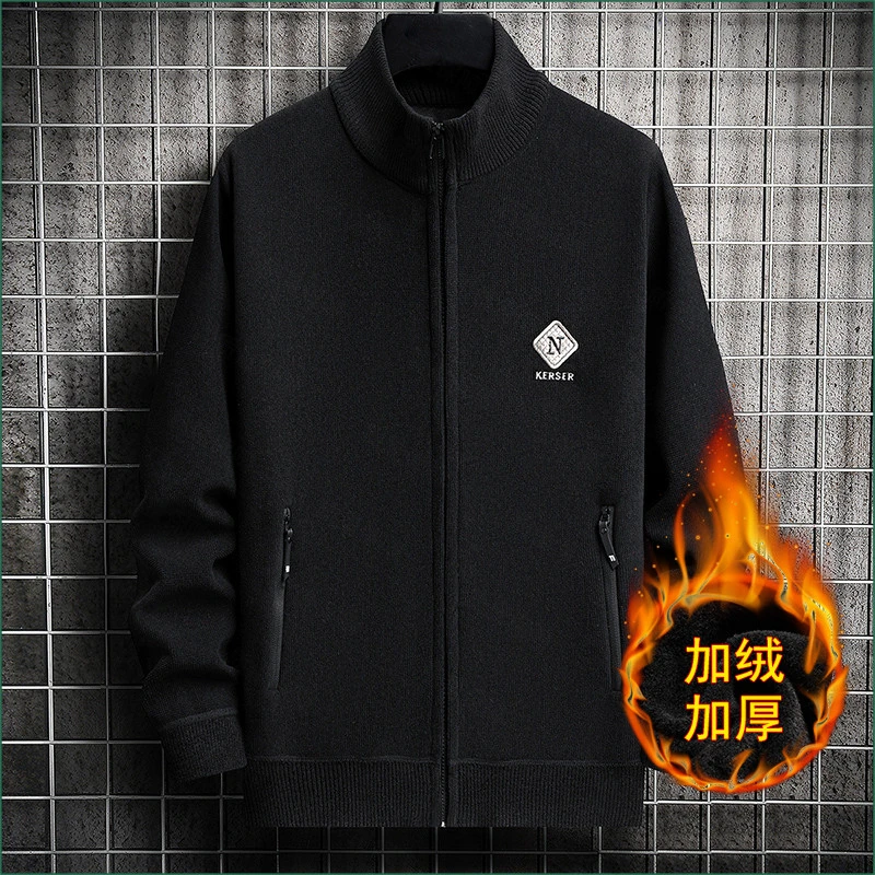 针织开衫男款外套秋冬季加绒加厚款立领夹克男装潮流休闲保暖毛衣