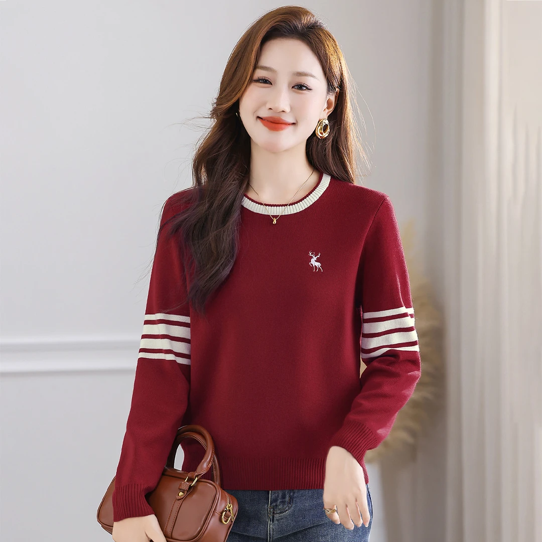 条纹圆领长袖针织衫2025秋冬新款撞色拼接刺绣显瘦时尚百搭上衣女