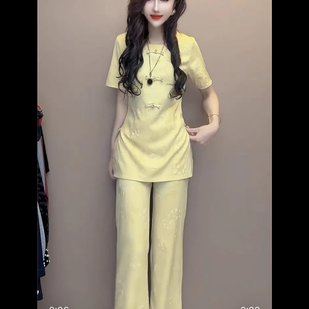 国风精致盘扣侧开叉短袖上衣搭配九分裤新中式套装