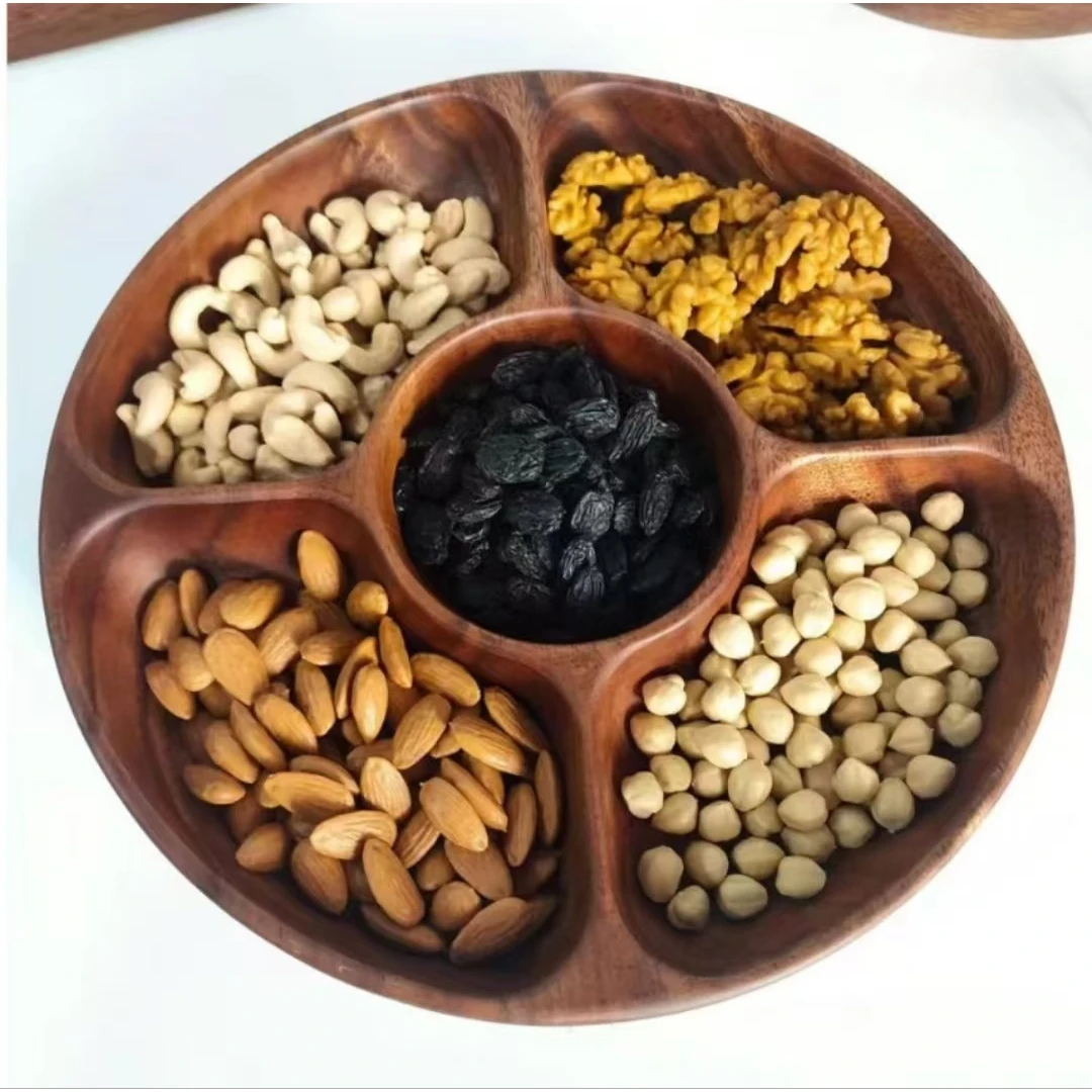 水果盘茶点盘胡桃木五格圆形零食盘干果盒