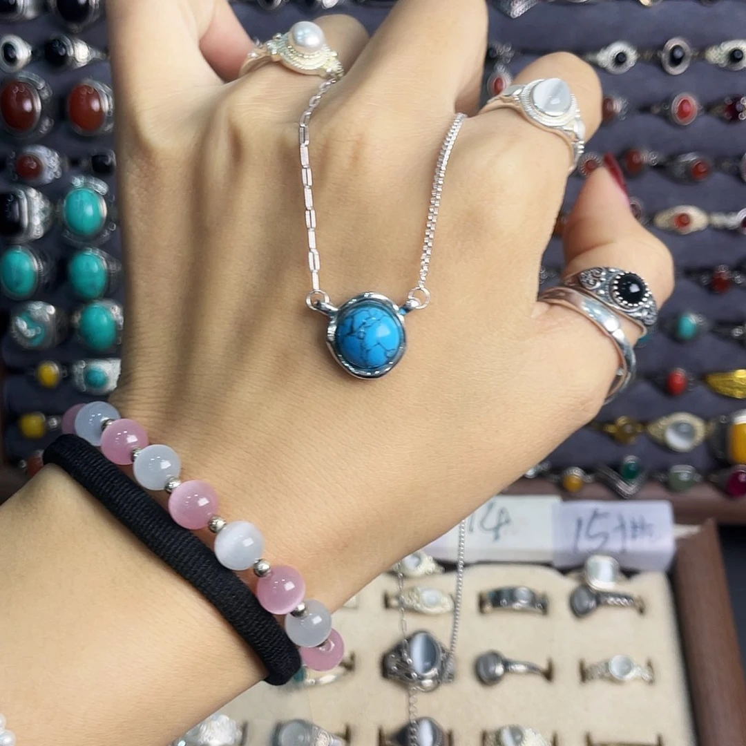 玻璃足银蓝色项链