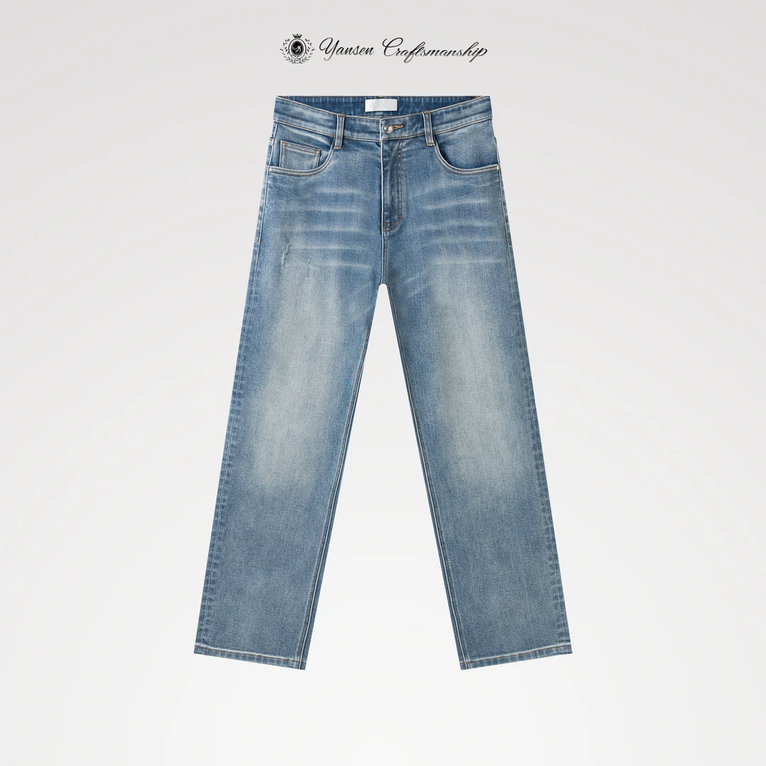 （直筒）重工水洗 手工擦白 猫须 浅蓝牛直筒牛仔裤长裤 YSA1032